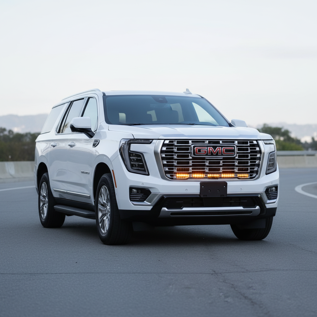 2026 white gmc yukon with led light bars behind grille for off roading