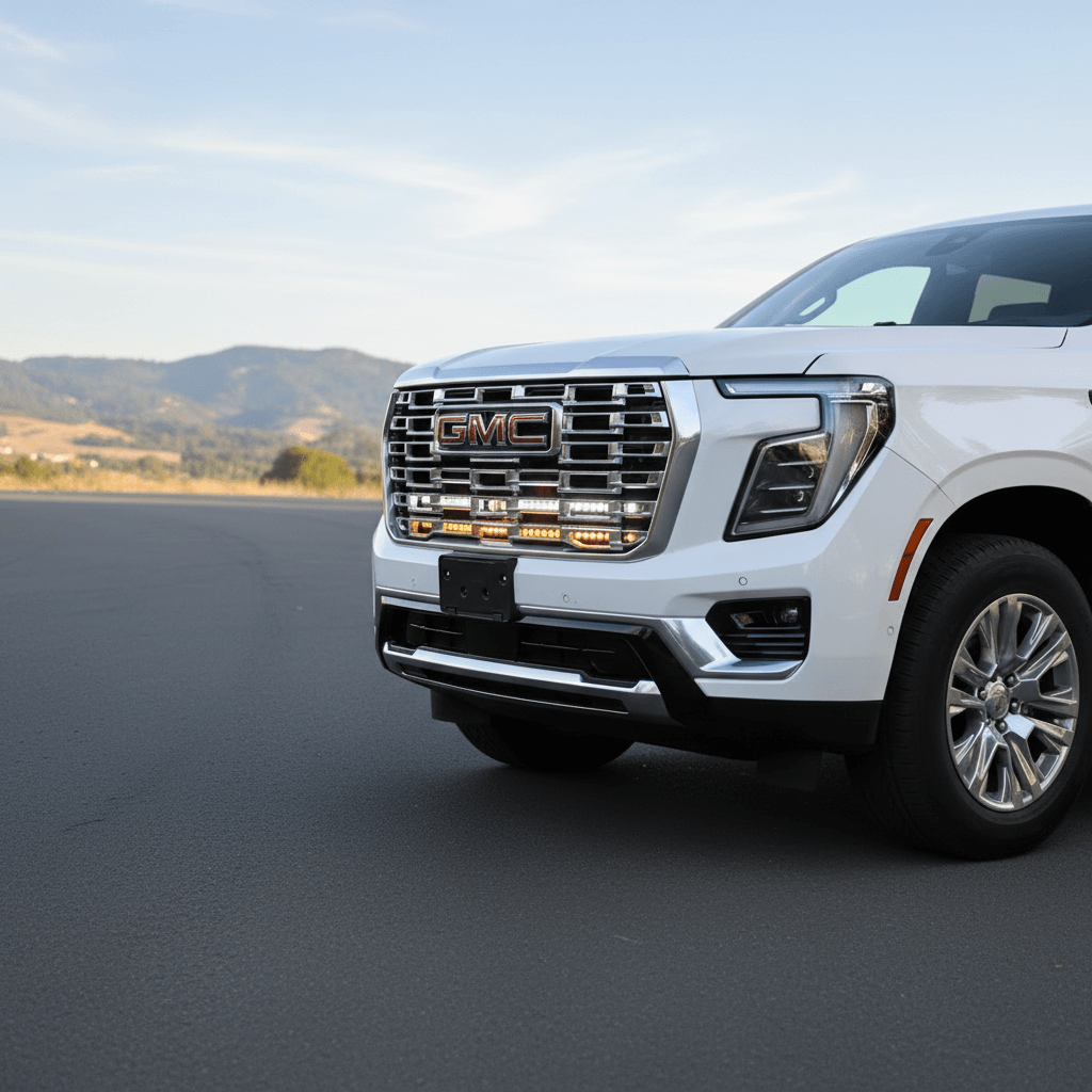 2025 2026 GMC Yukon front grille with dual 40s slim light bars mounted cleanly under GMC logo
