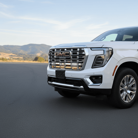 2025 2026 GMC Yukon front grille with dual 40s slim light bars mounted cleanly under GMC logo