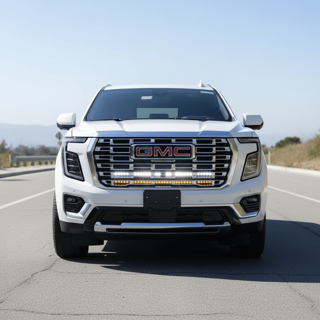 2025 2026 GMC Yukon front view with dual 40s slim LED light bars mounted under GMC grille logo