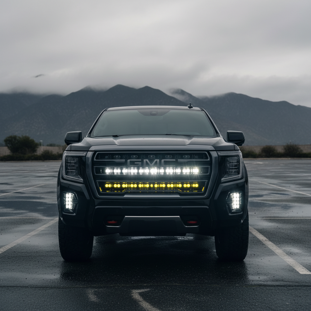 GMC Yukon LightBar 2021-2024 PRO: two behind-grille PRO light bars on GMC Yukon with grille removed, fits SLE/SLT/AT4/Denali trims; GMC Yukon LightBar