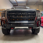 GMC Yukon LightBar 2021-2024 GMC Yukon front view with PRO light bars behind grille, fits SLE SLT AT4 Denali trims; must remove grille, no cutting; GMC logo area