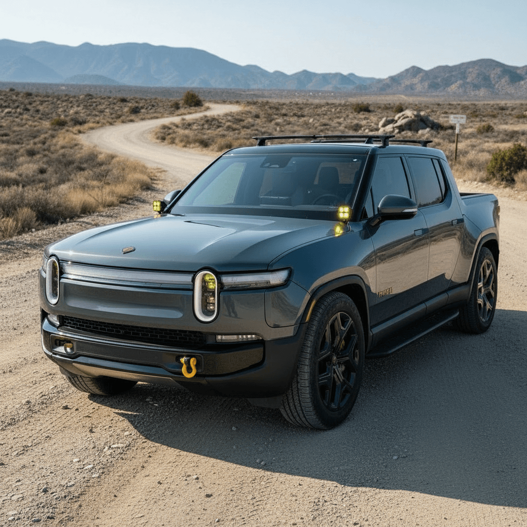 gray 2025 rivian with ditch lights for off roading 