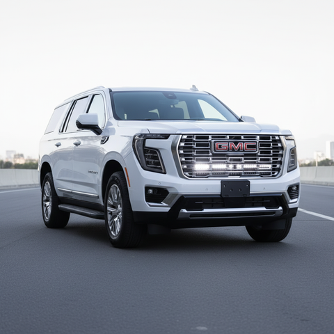 2025 white gmc yukon with led light bars behind grille for off roading