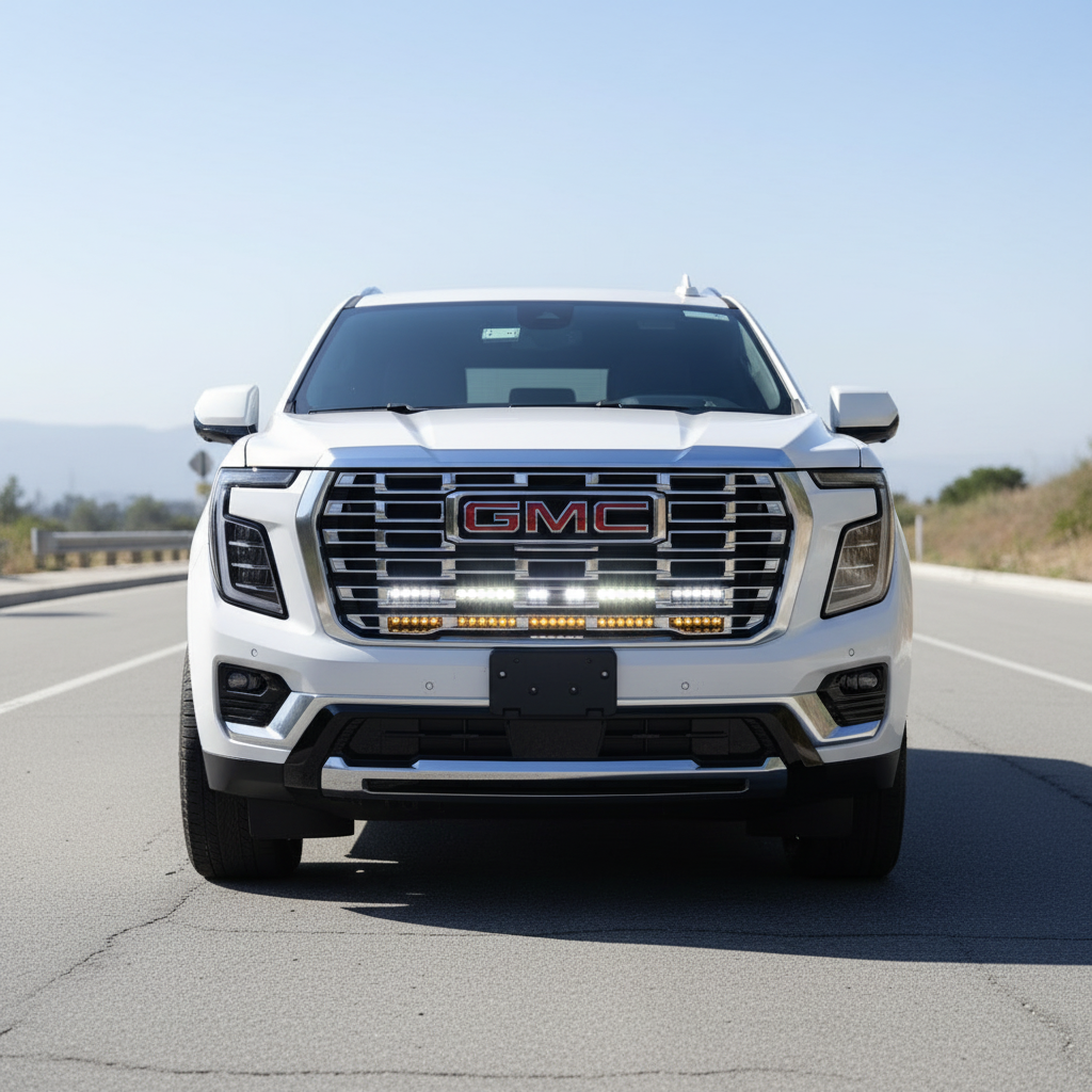 2025 white gmc yukon with light bars behind the grille for off roading