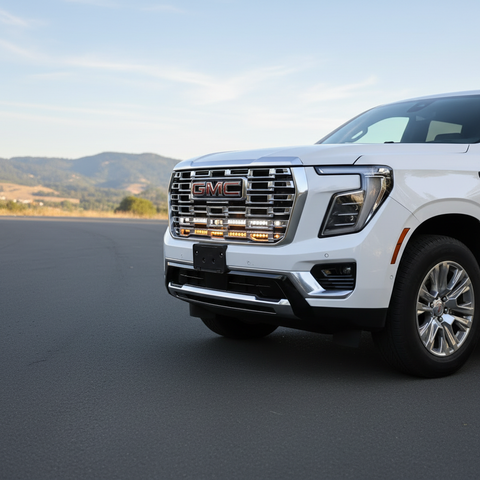 2026 white gmc yukon with light bars behind the grille for off roading