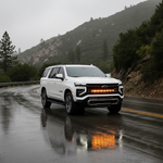 Suburban LightBar on 2025+ Chevrolet Suburban with single 40in light bar, fits LT LS Z71 RST High Country Premier, mounted below the bowtie on rail system