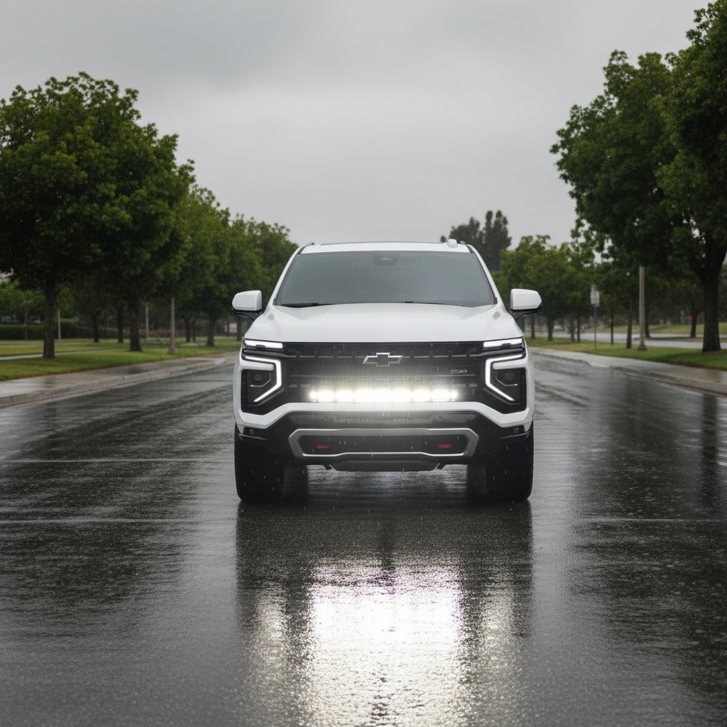 Suburban LightBar on 2025+ Chevrolet Suburban front view with 40in LED light bar, fits LT LS Z71 RST High Country Premier, mounted on rail system