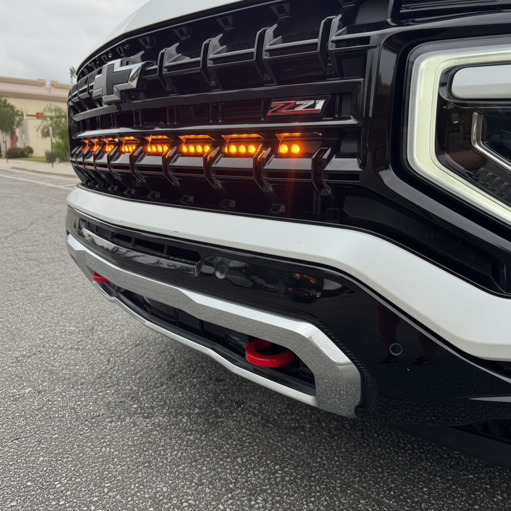 Suburban LightBar on 2025+ Chevrolet Suburban front grille with 40in light bar, fits LT/LS/Z71/RST/High Country/Premier, rails mount under bowtie
