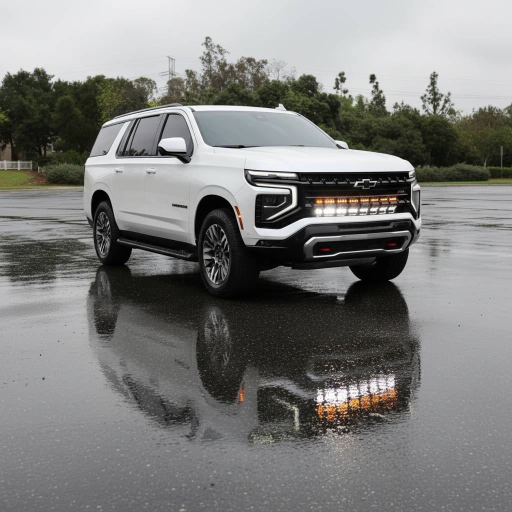2025+ Chevrolet Suburban with dual 40s light bars reflecting in the wet pavement, showcasing Suburban Light Bars.