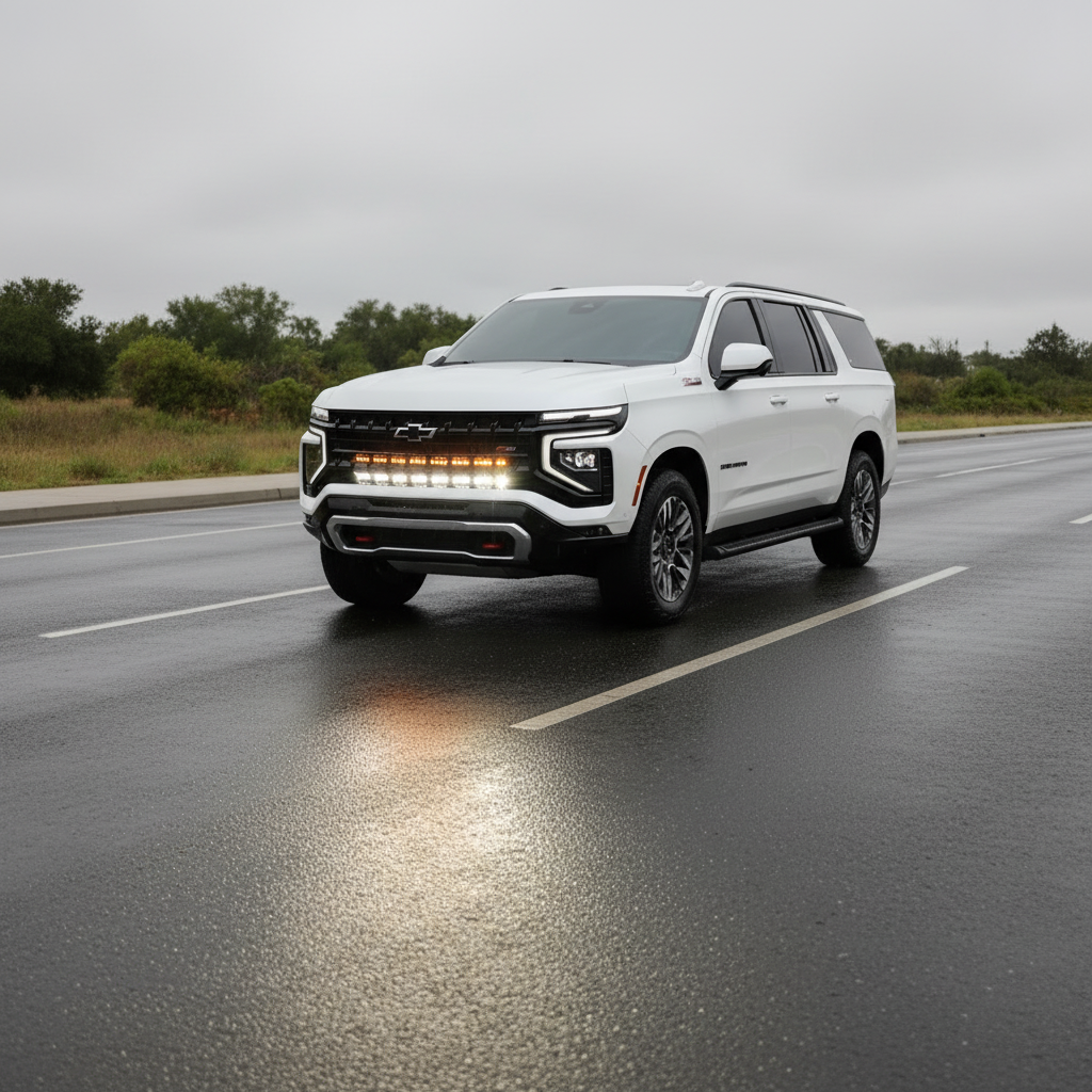 2025+ Chevrolet Suburban with dual 40s light bars on a wet road, showcasing Suburban Light Bars for enhanced visibility.
