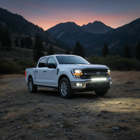 2024+ Ford F150 LightBar installed on a white Ford F150 truck in a scenic mountainous landscape at dusk.