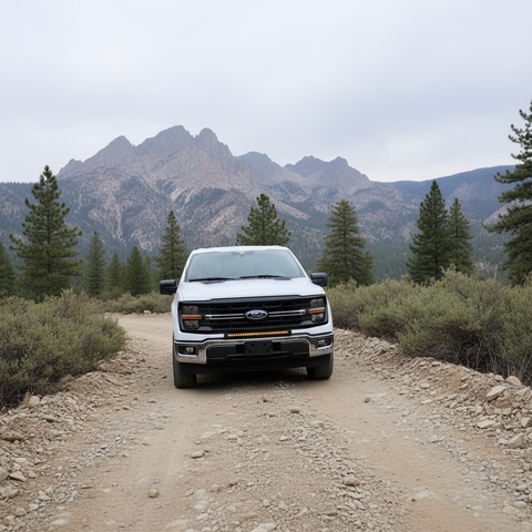 2024+ Ford F150 LightBar mounted on a rugged terrain with mountains in the background.