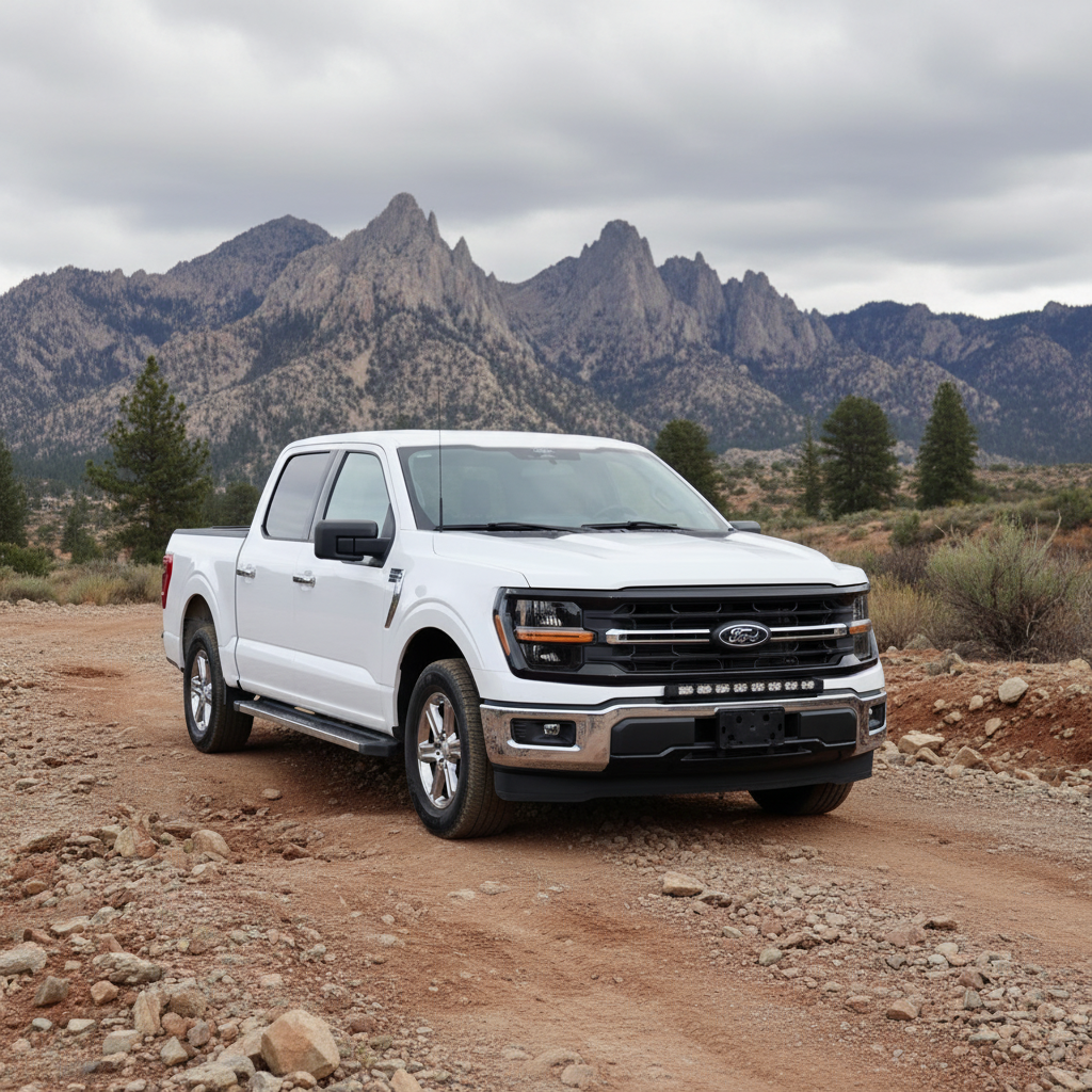 2024+ Ford F150 LightBar installed on a white Ford F150 during an off-road excursion in the mountains.