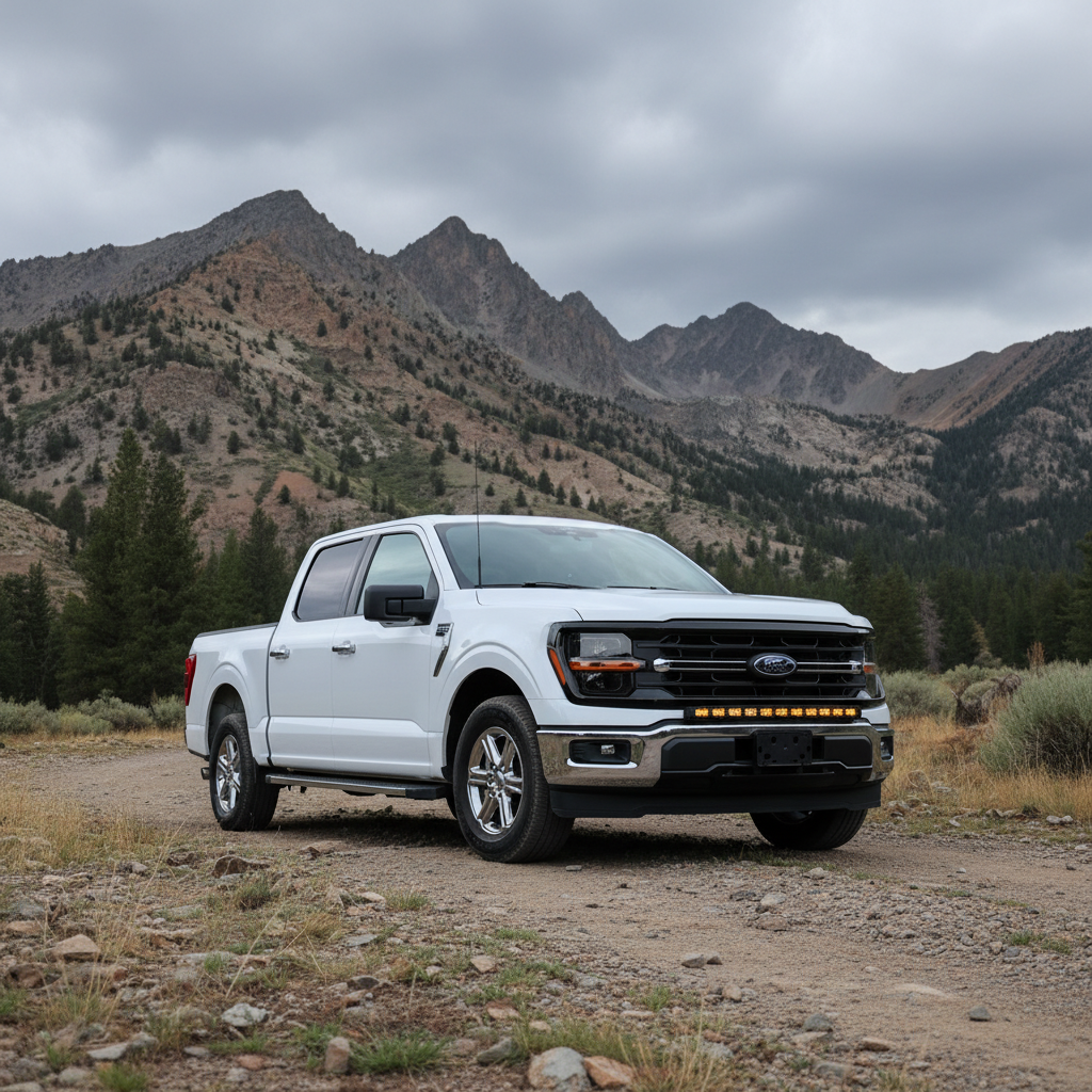 2024+ Ford F150 LightBar showcased on off-road terrain with mountains, highlighting non-modular bumper and stylish design.