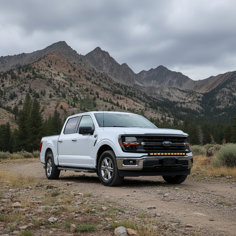 2024+ Ford F150 LightBar showcased on off-road terrain with mountains, highlighting non-modular bumper and stylish design.