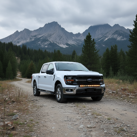 2024+ Ford F150 LightBar installed on a white Ford F150 in a mountainous off-road setting.