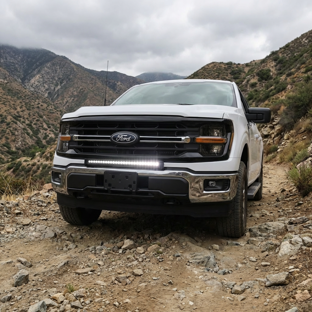 2024+ Ford F150 LightBar installed on a white Ford F150 in a rugged mountain terrain.