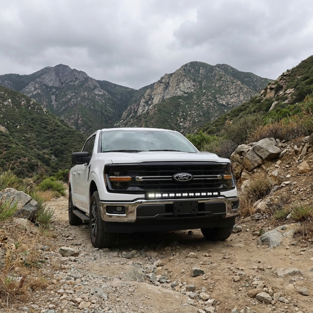 2024+ Ford F150 LightBar mounted on a white Ford F150 in a rugged mountain landscape.