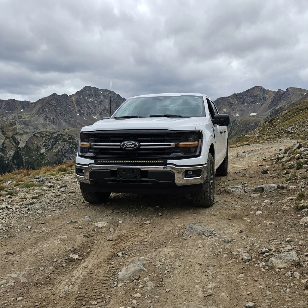 2024+ Ford F150 LightBar installed on a white Ford F150 driving on a rugged off-road trail.