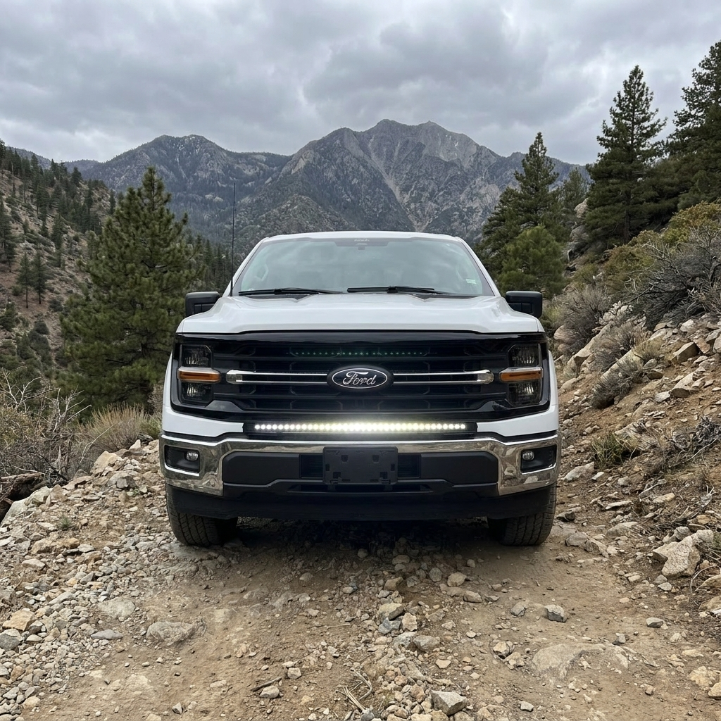2024+ Ford F150 LightBar installed on a Ford F150 in a rugged terrain with mountains in the background.