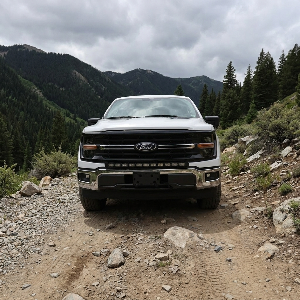 2024+ Ford F150 LightBar mounted on a rugged terrain, showcasing its off-road capability.