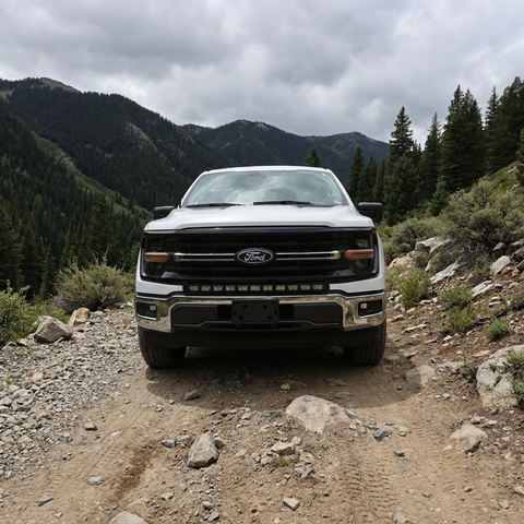 2024+ Ford F150 LightBar mounted on a rugged terrain, showcasing its off-road capability.