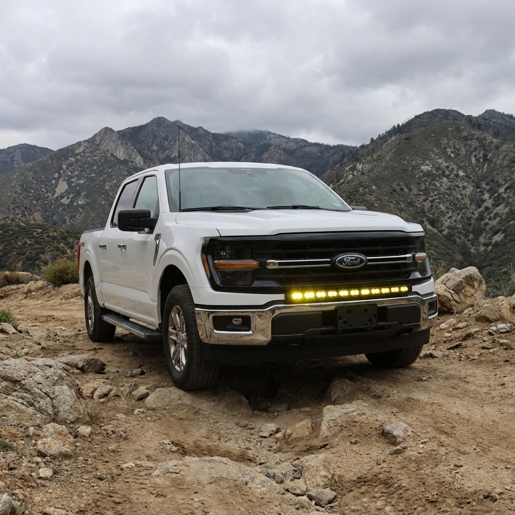 2024+ Ford F150 LightBar installed on a white Ford F150 on rugged terrain with mountains in the background.