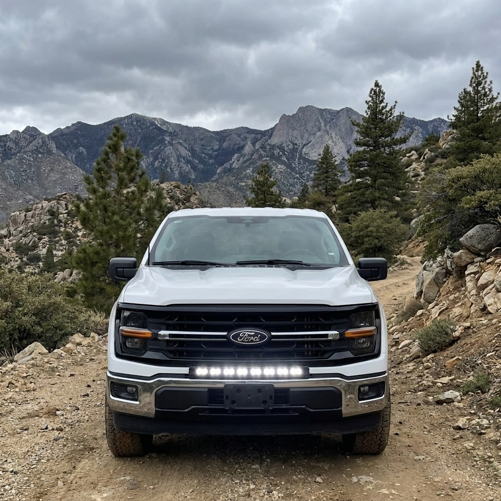 2024+ Ford F150 LightBar installed on a 2024 Ford F150 in a rugged outdoor setting.
