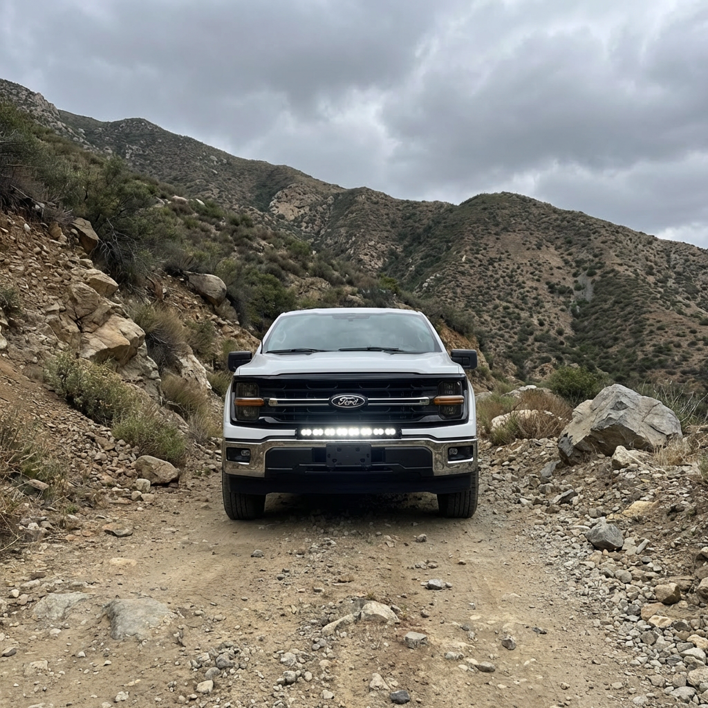 2024+ Ford F150 LightBar installed on a Ford F150 on a rocky off-road path in the mountains.