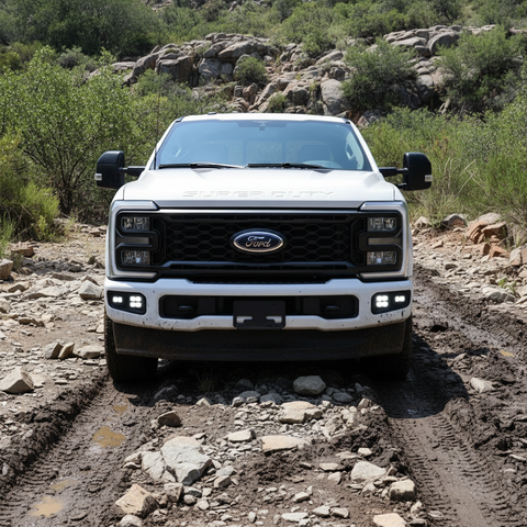 Front view of a 2023 Ford Super Duty F250 with fog lights on a rugged terrain, showcasing Ford Super Duty Fog Lights.