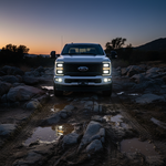2023 Ford Super Duty F250/F350/F450 with fog lights shining in rocky terrain, showcasing Ford Super Duty Fog Lights.