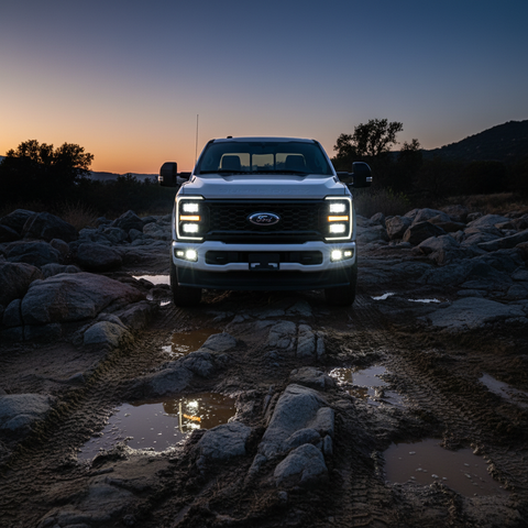 2023 Ford Super Duty F250/F350/F450 with fog lights shining in rocky terrain, showcasing Ford Super Duty Fog Lights.