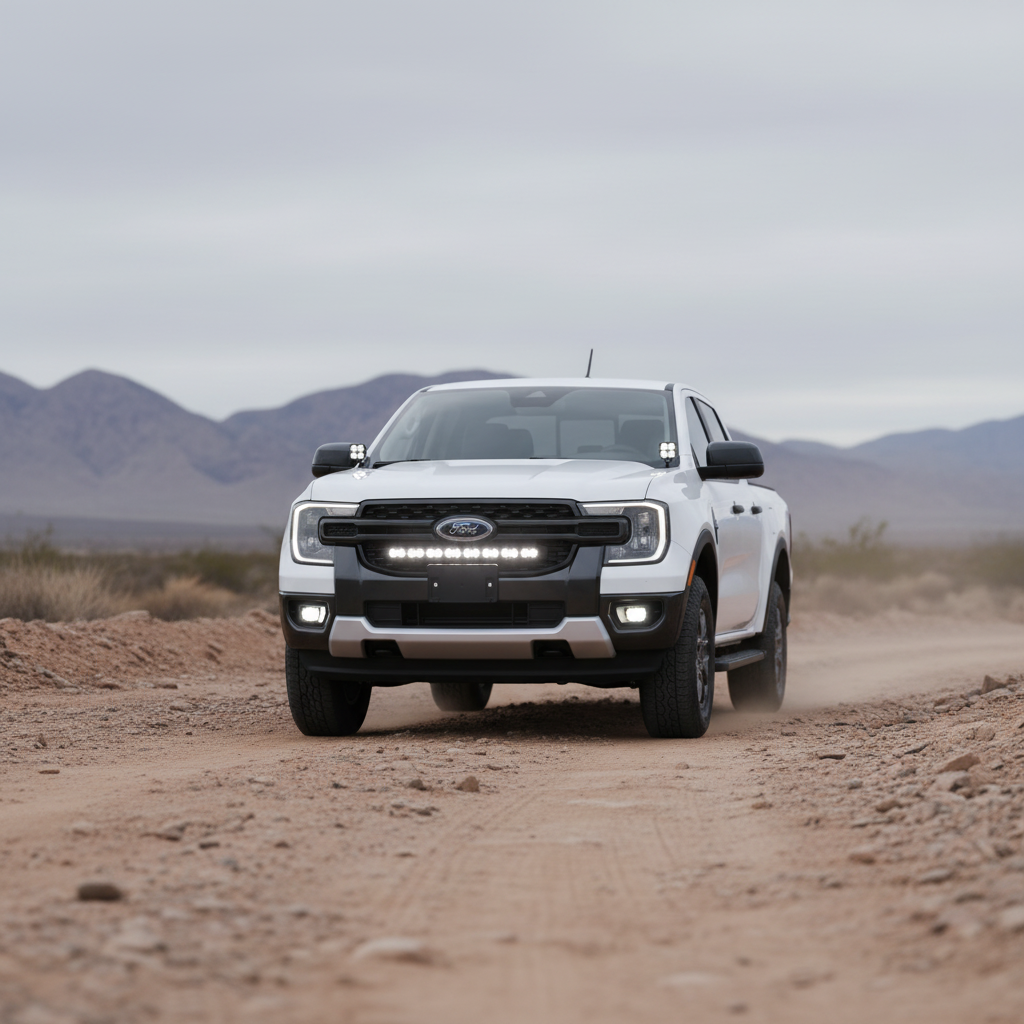 White Ford Ranger with a 30-inch PRO LED light bar in the front grille, driving a mountain dirt road