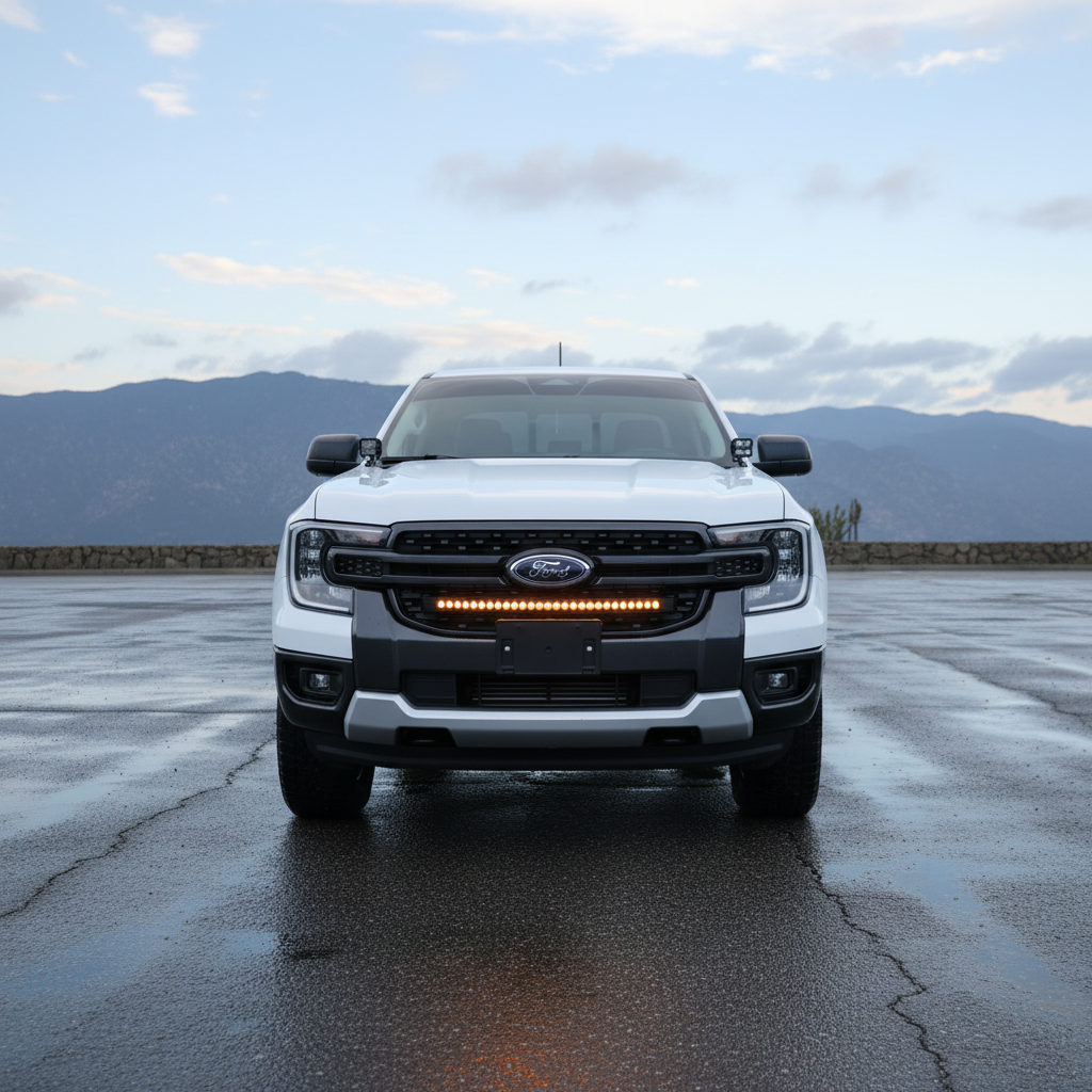 Front of a white Ford Ranger fitted with the 30-inch SLIM LED grille light bar, mountains behind