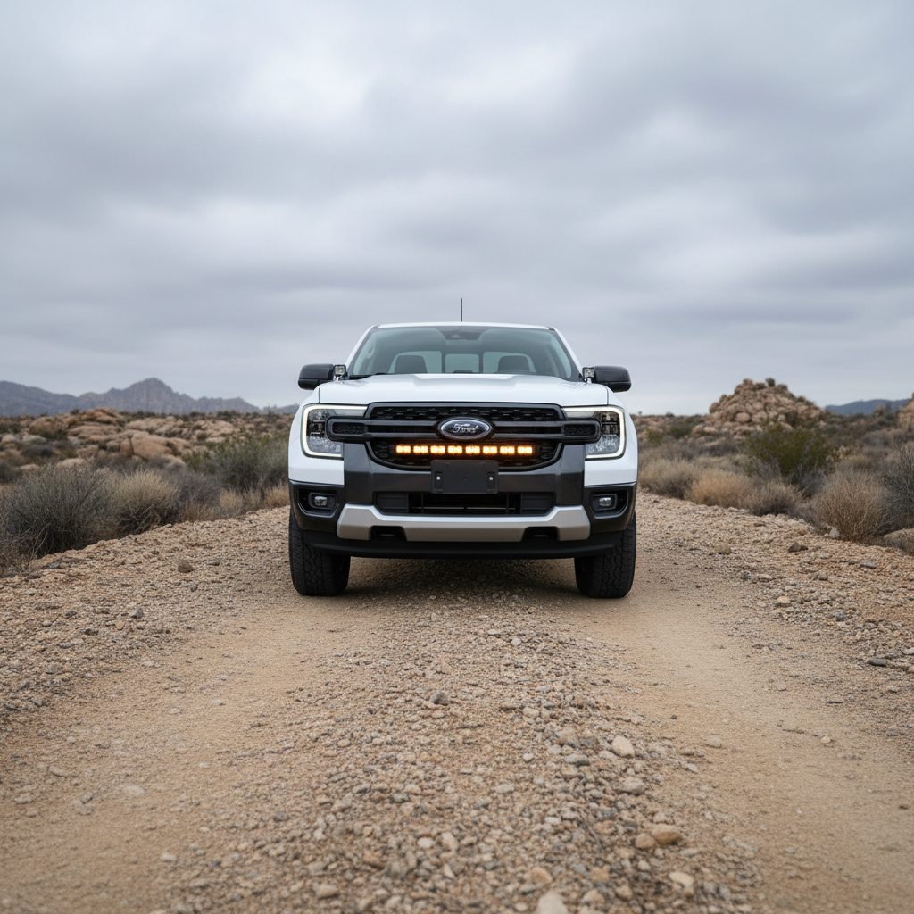 2024–2026 Ford Ranger parked on a rugged dirt road, 30-inch PRO LED light bar mounted in the grille