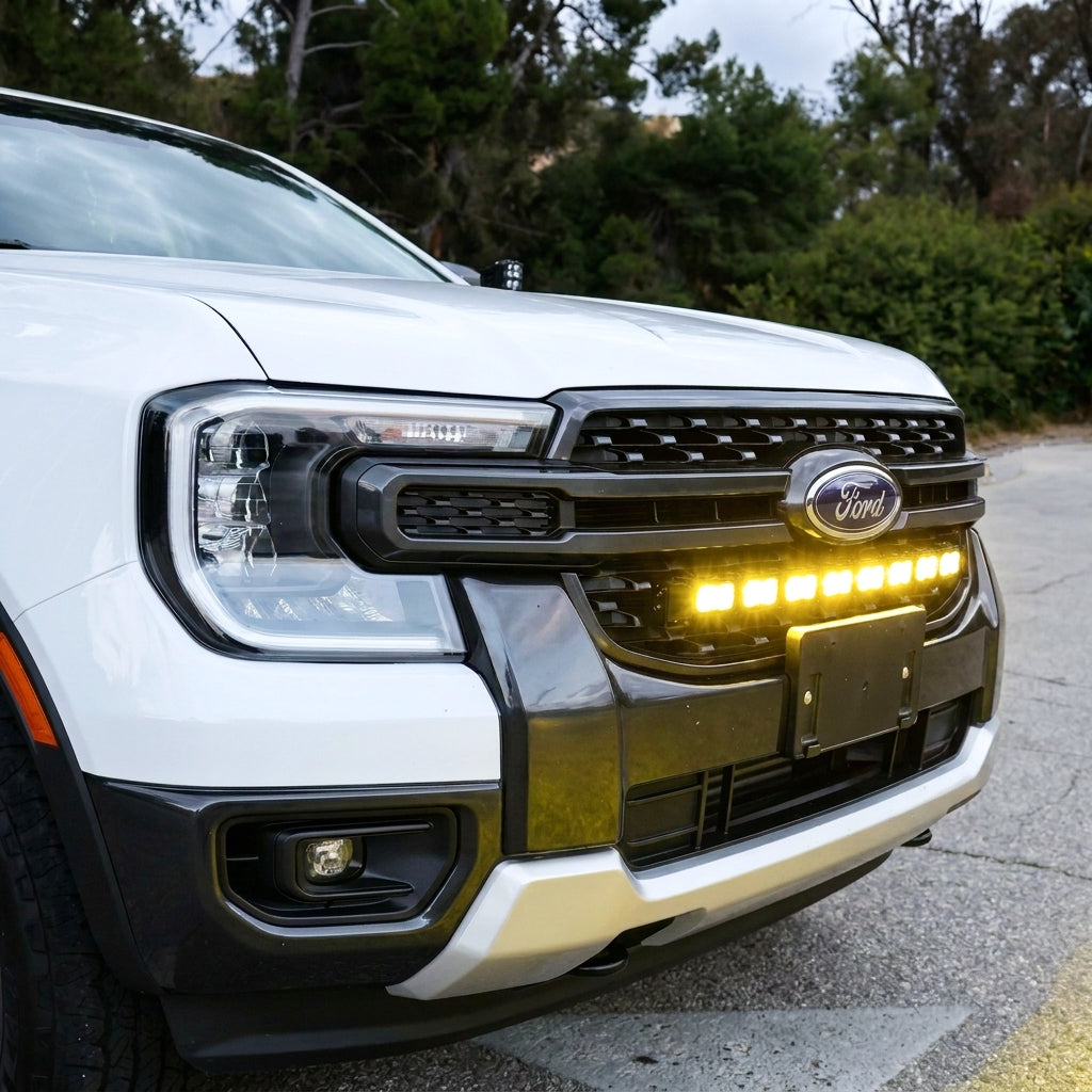 White Ford Ranger front grille with the 30-inch PRO LED light bar switched on