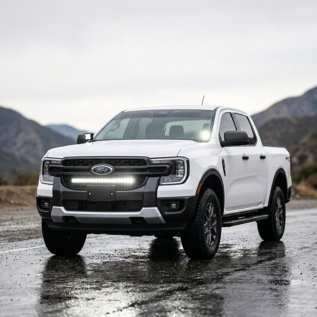 Hood-mounted LED ditch lights on a white Ford Ranger, low-profile design