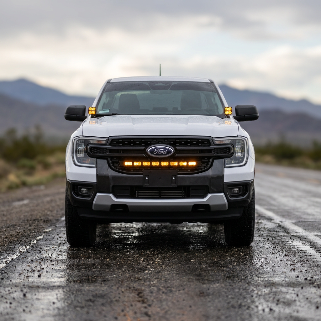 Ford Ranger with the Ditch Lights PRO lit, front lighting on a rugged road