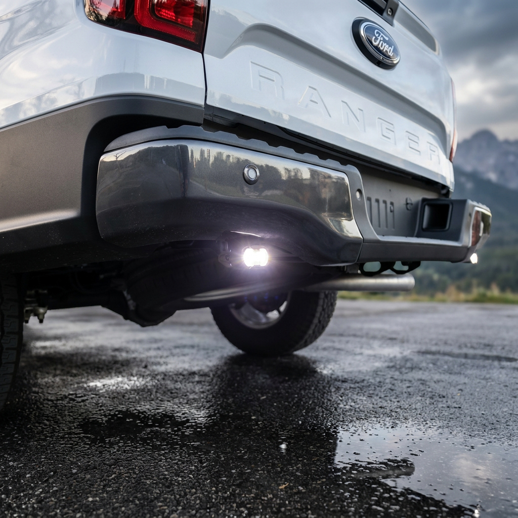 Ford Ranger LED reverse light kit installed on the rear bumper, white flood beam