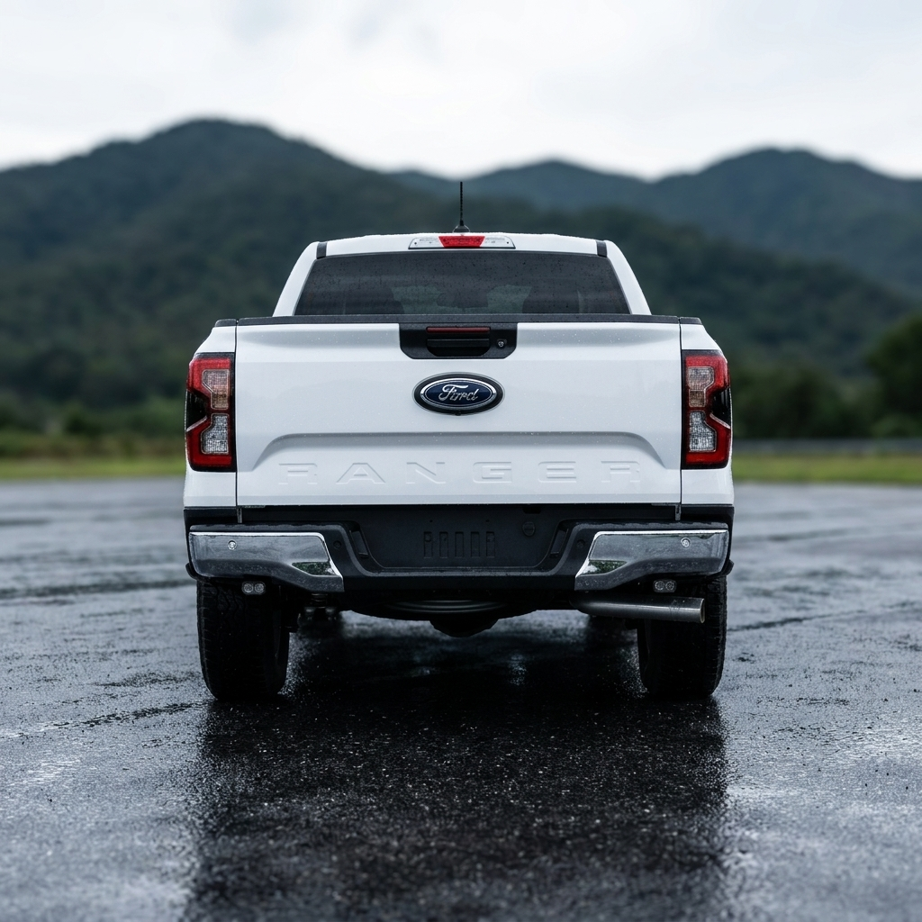 White Ford Ranger rear view with the reverse light kit and mountains in the background