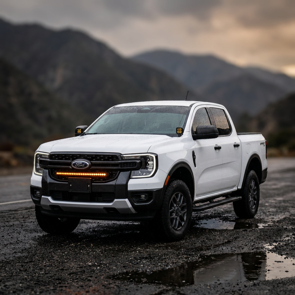 White Ford Ranger in a rugged outdoor setting with the grille-mounted 30-inch SLIM LED light bar