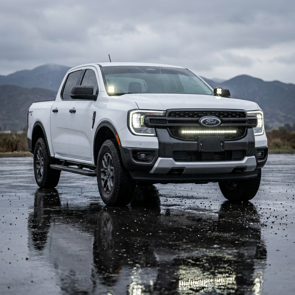 White Ford Ranger parked on wet, reflective ground showing the 30-inch SLIM LED grille light bar