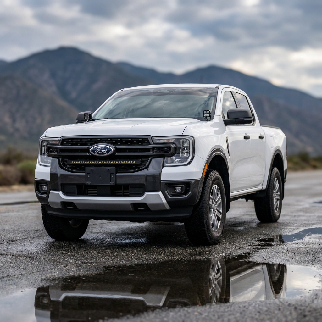 White Ford Ranger outdoors with mountains, 30-inch SLIM LED light bar mounted in the grille
