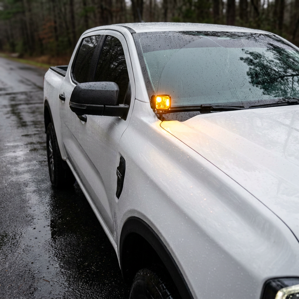 White Ford Ranger fitted with hood-mounted LED ditch lights, spot beam pattern