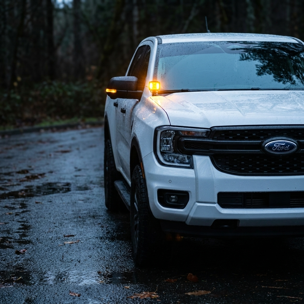 White Ford Ranger with the LED ditch lights on, parked on a wet forest road