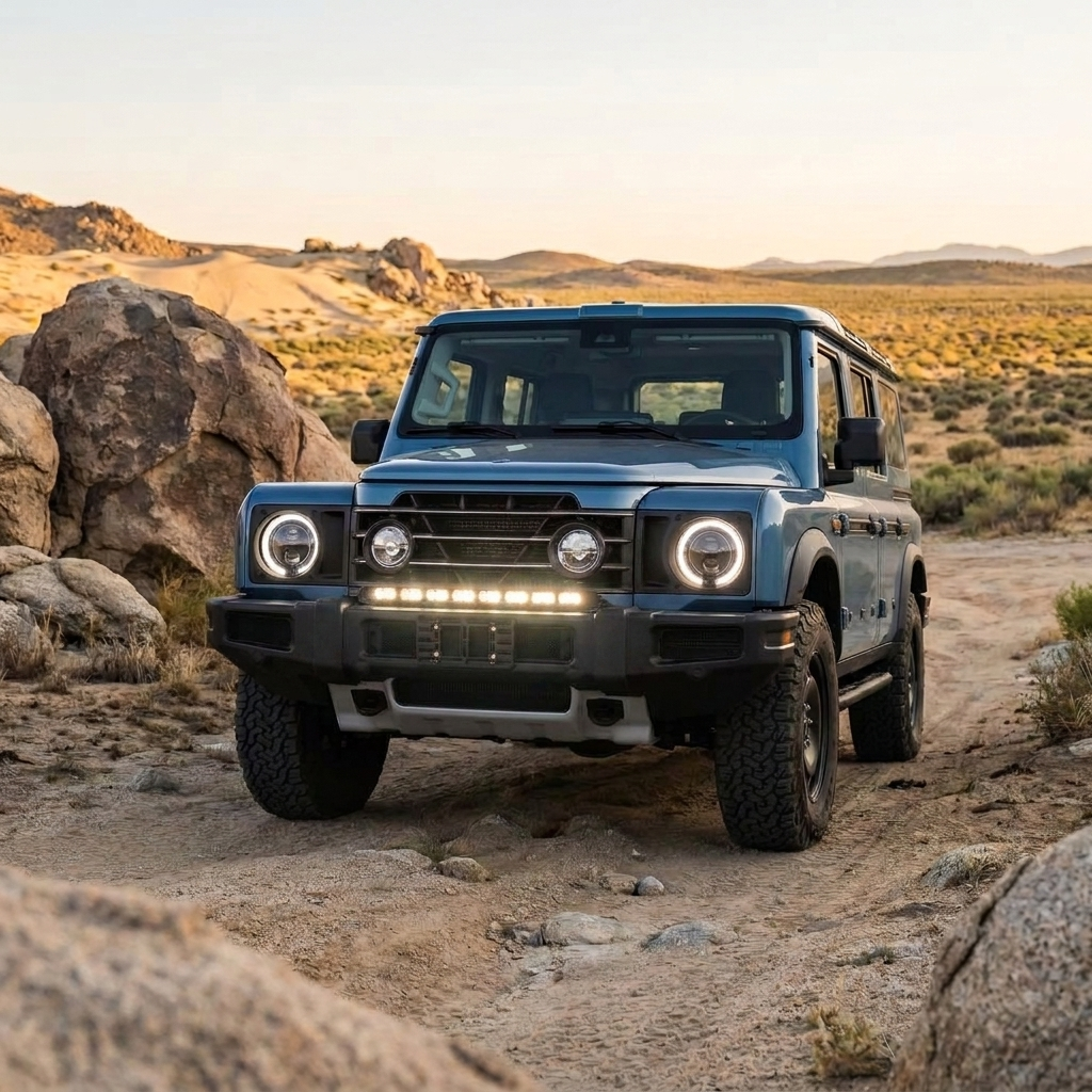 Blue 2024+ Ineos Grenadier parked among desert boulders at sunset with 30in bumper light bar, off-road setup