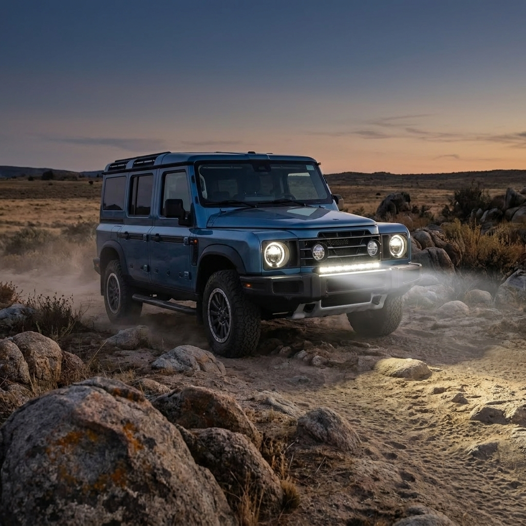 Ineos Grenadier roofline at dusk with roof vents, 2024+ 30in off-road LED light bar setup