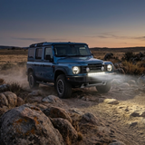 Ineos Grenadier roofline at dusk with roof vents, 2024+ 30in off-road LED light bar setup