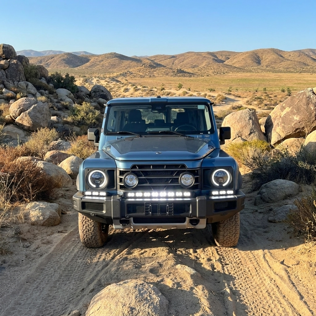 2024+ Ineos Grenadier head-on in the desert with XL light bar kit lit white, 30in center bar and two 12in extensions